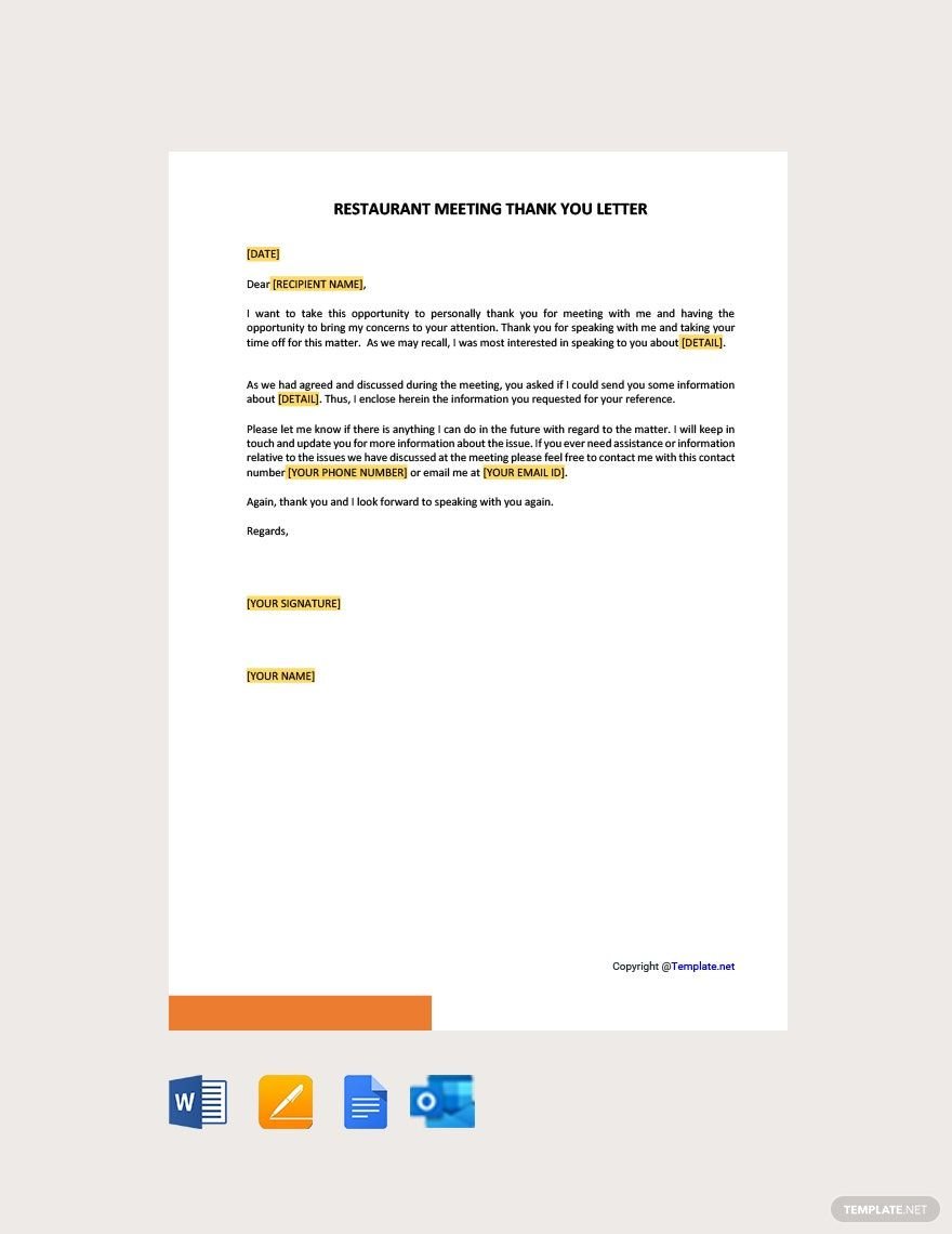 Restaurant Meeting Thank You Letter in Word, Google Docs, PDF, Apple Pages, Outlook
