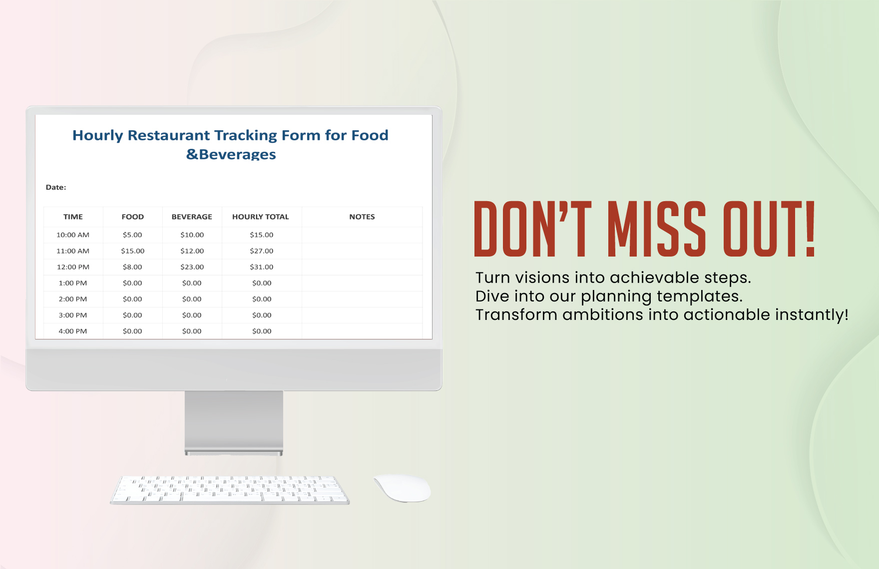Hourly Restaurant Tracking Form for Food Beverages Template