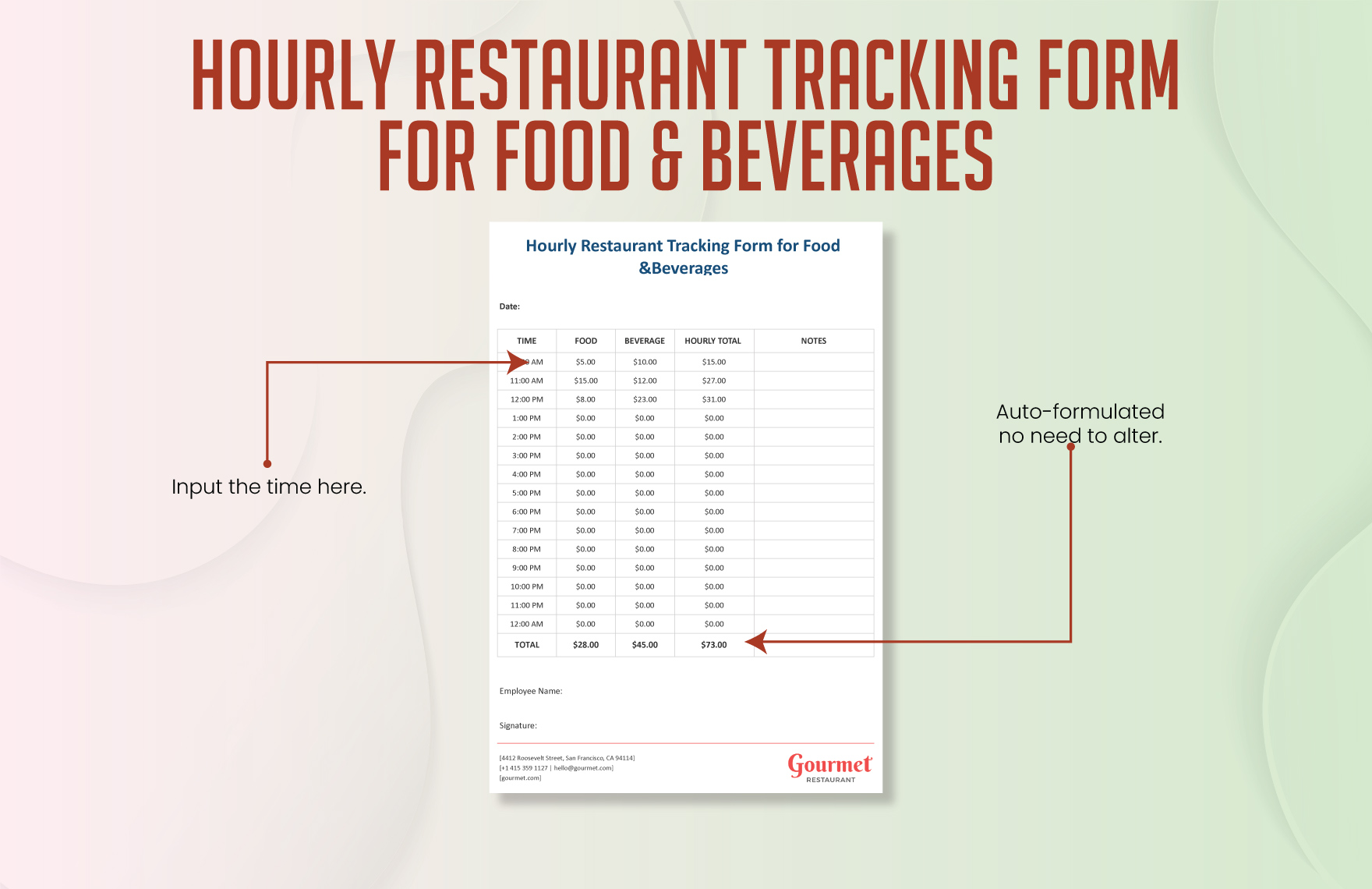 Hourly Restaurant Tracking Form for Food & Beverages Template