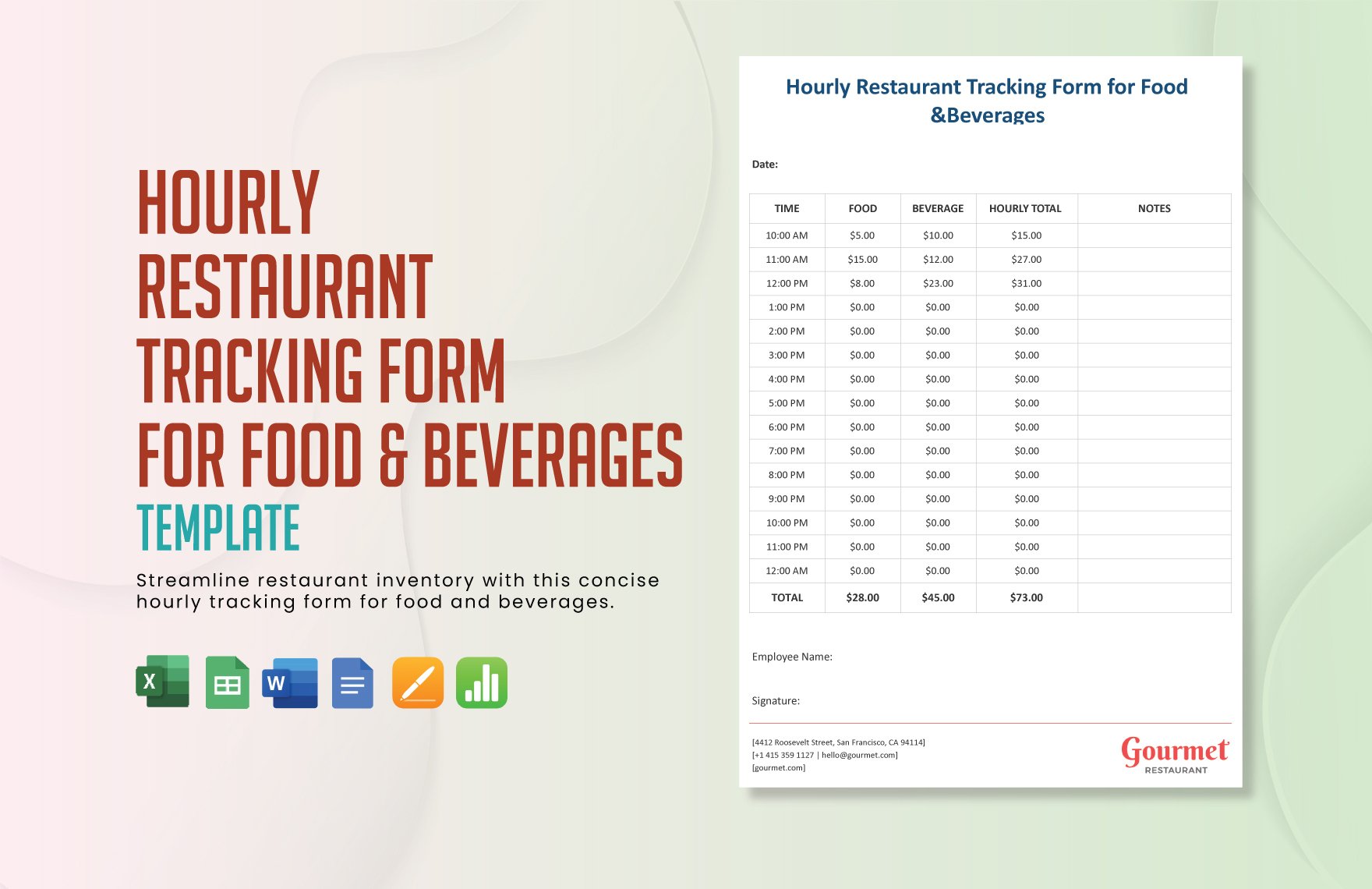 Hourly Restaurant Tracking Form for Food & Beverages Template in Word, Google Docs, Excel, Google Sheets, Apple Pages, Apple Numbers
