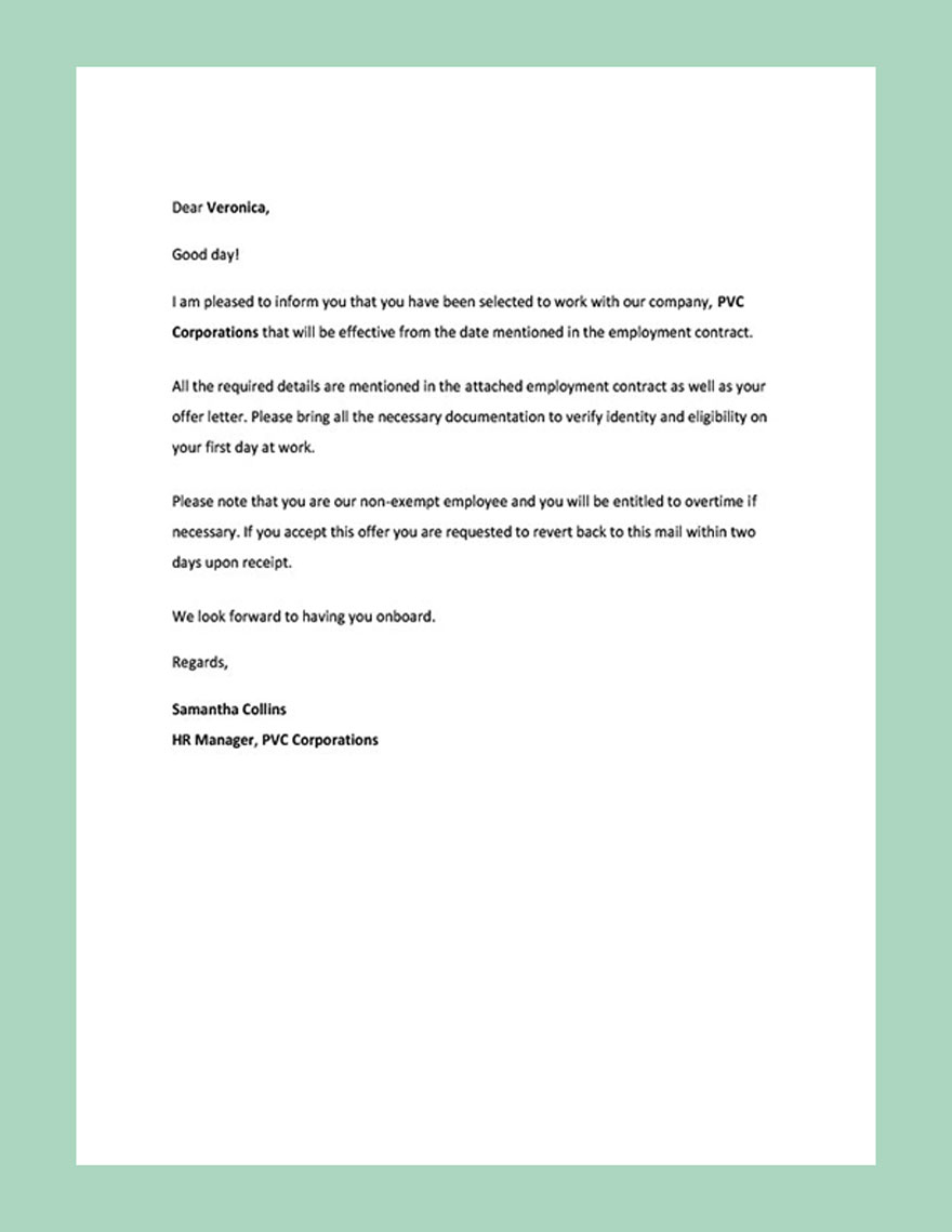 Non-exempt Offer Letter Template