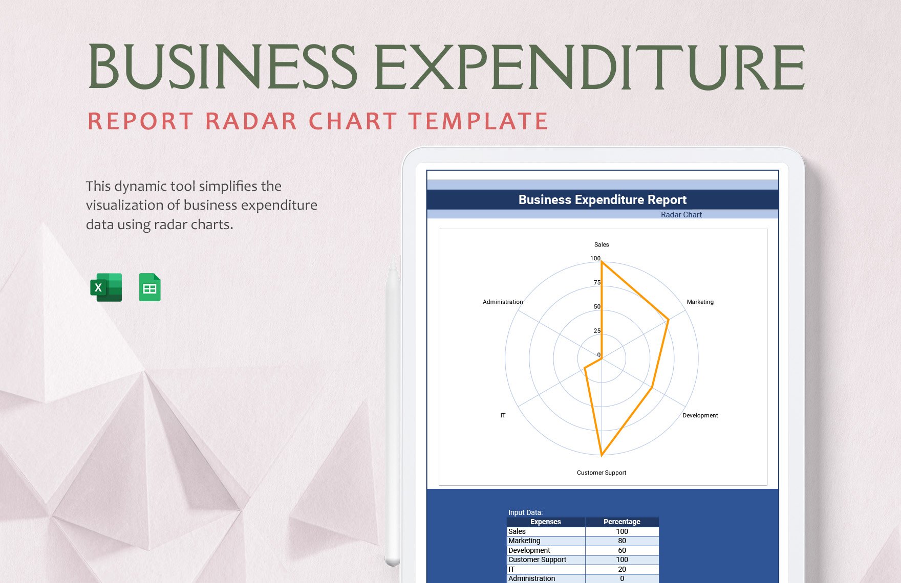Business Expenditure Report Radar Chart in Excel, Google Sheets