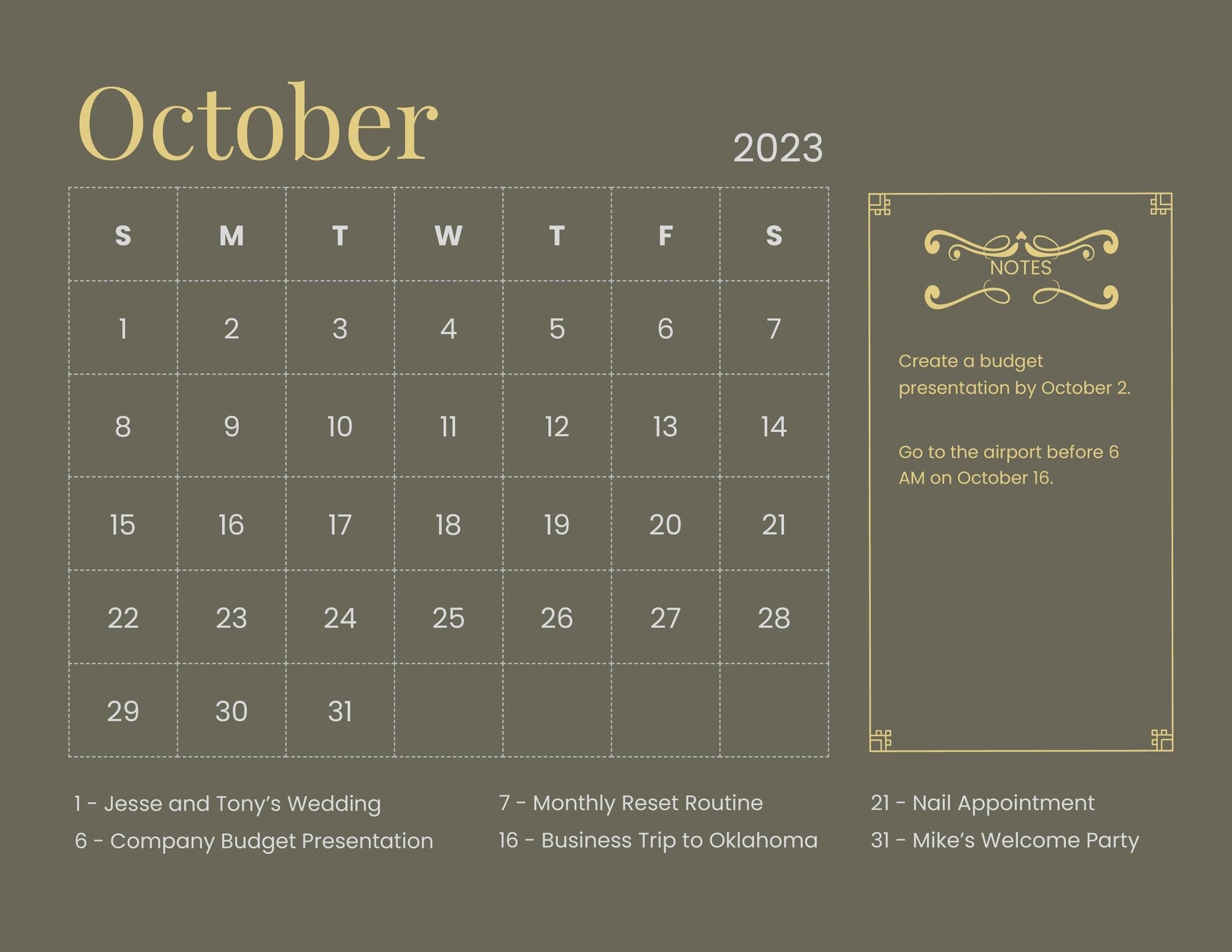 Fancy October 2023 Calendar