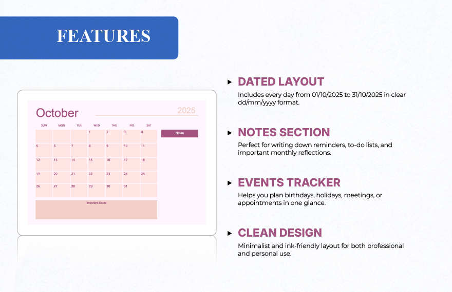Blank October 2025 Calendar Template