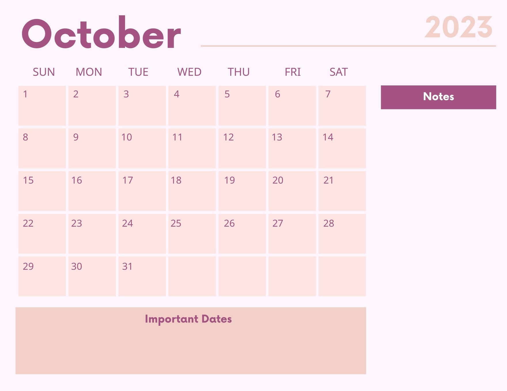 Blank October 2023 Calendar Template