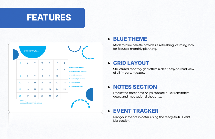 Blue October 2025 Calendar Template