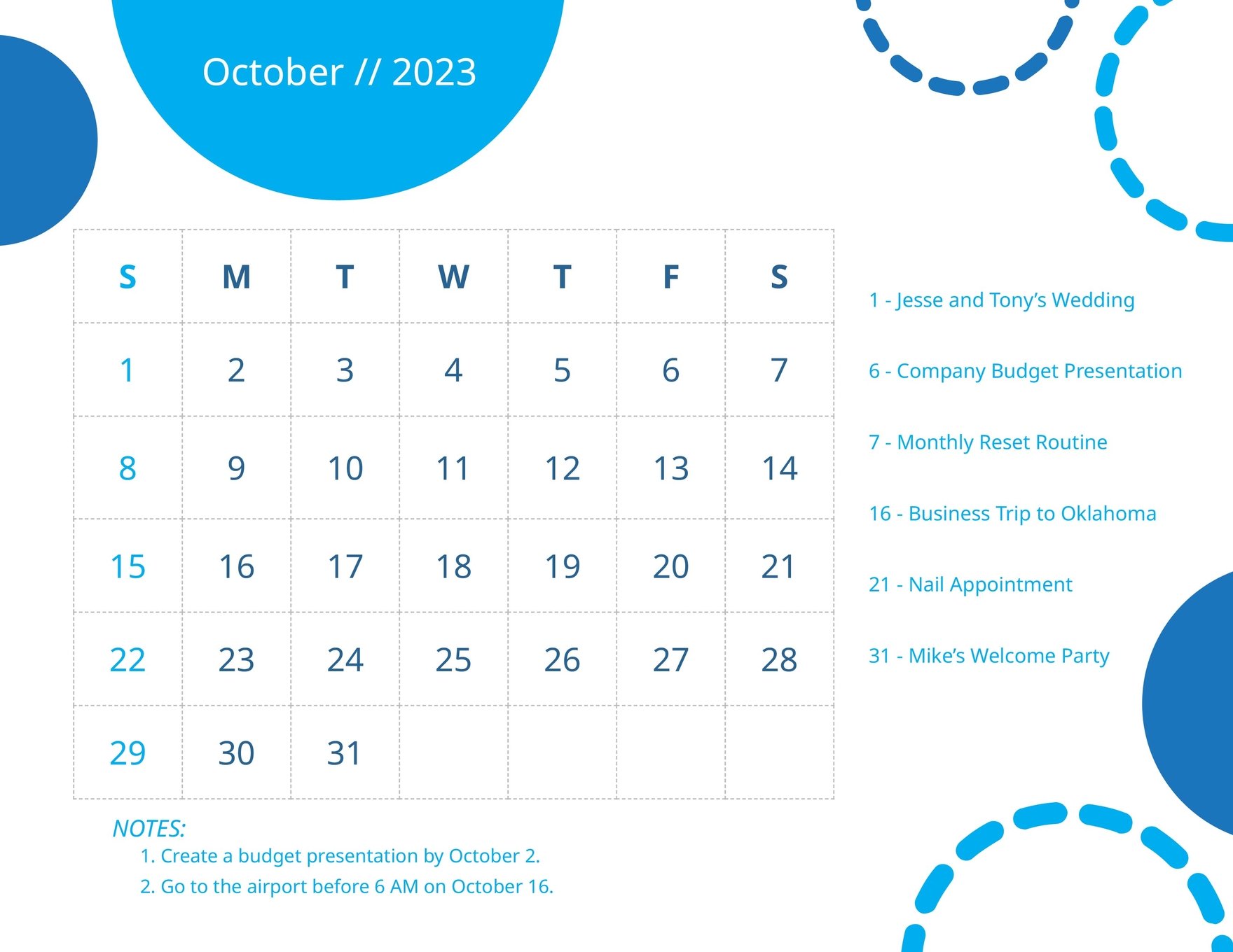 Blue October 2023 Calendar Template