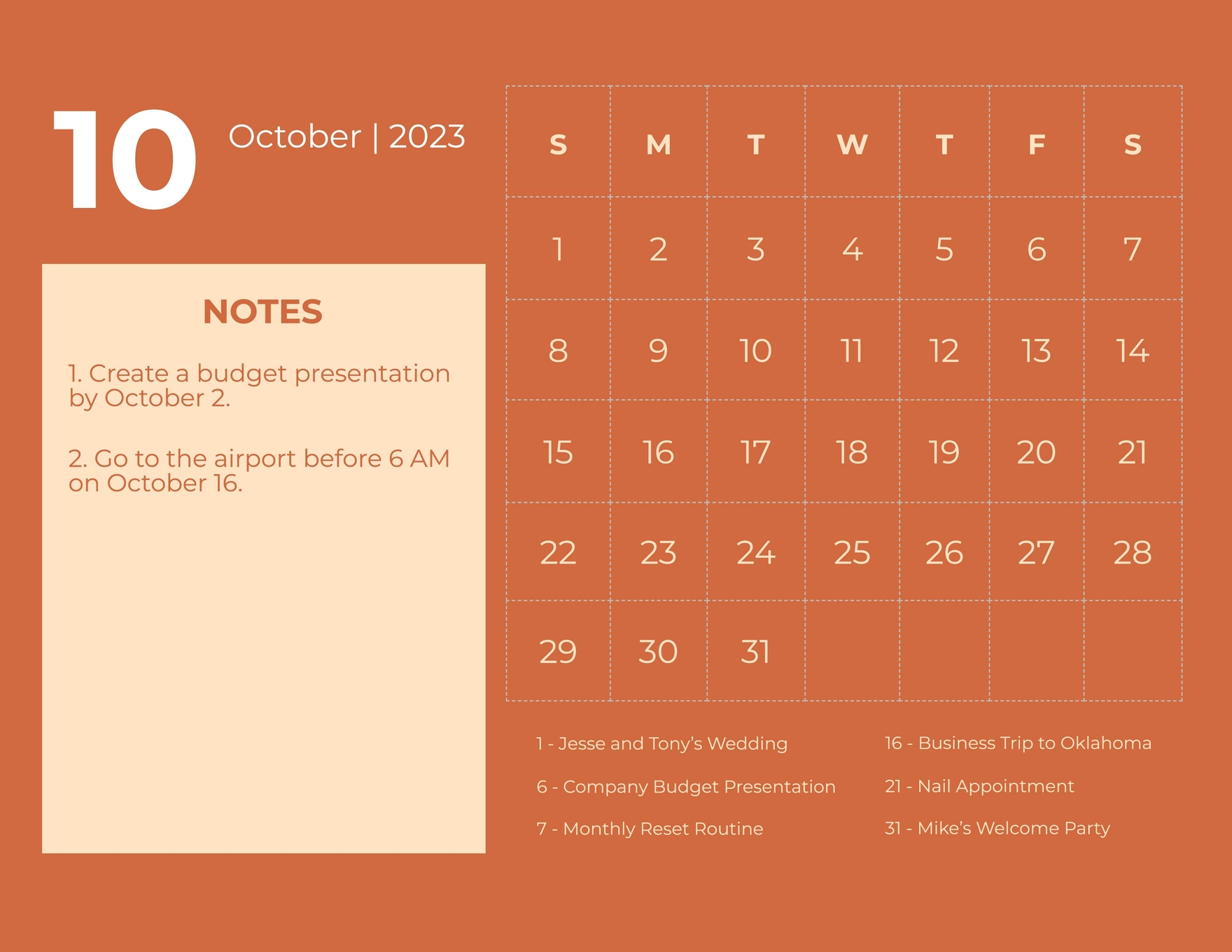 October 2023 Monthly Calendar Template