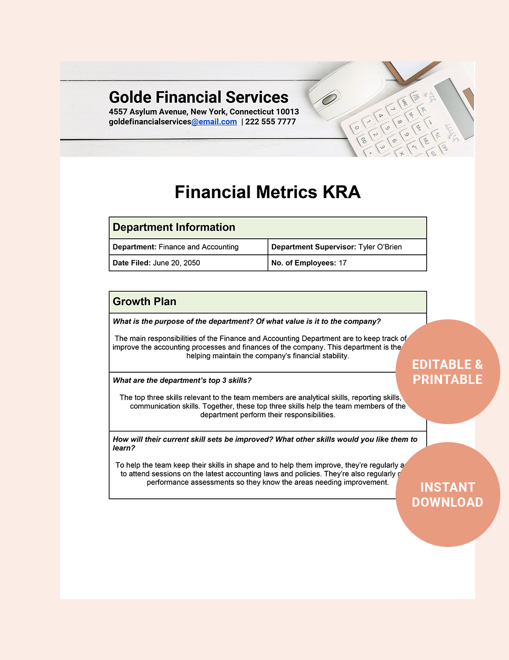 Financial Metrics KRA Template in Word, Google Docs