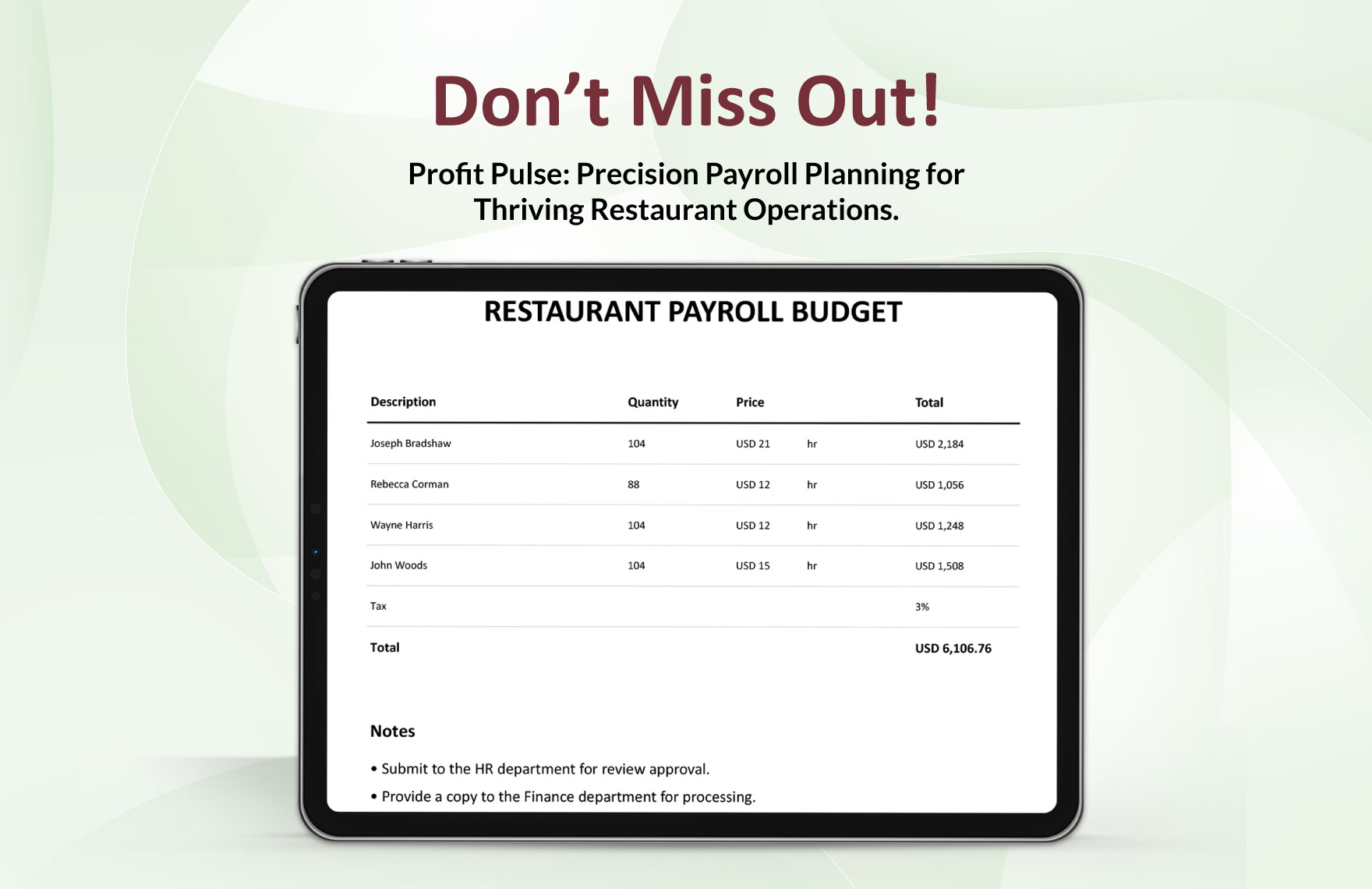 Restaurant Payroll Budget Template