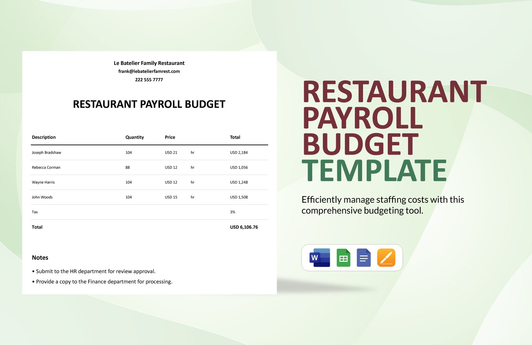 Restaurant Payroll Budget Template in Word, Google Docs, Google Sheets, Apple Pages