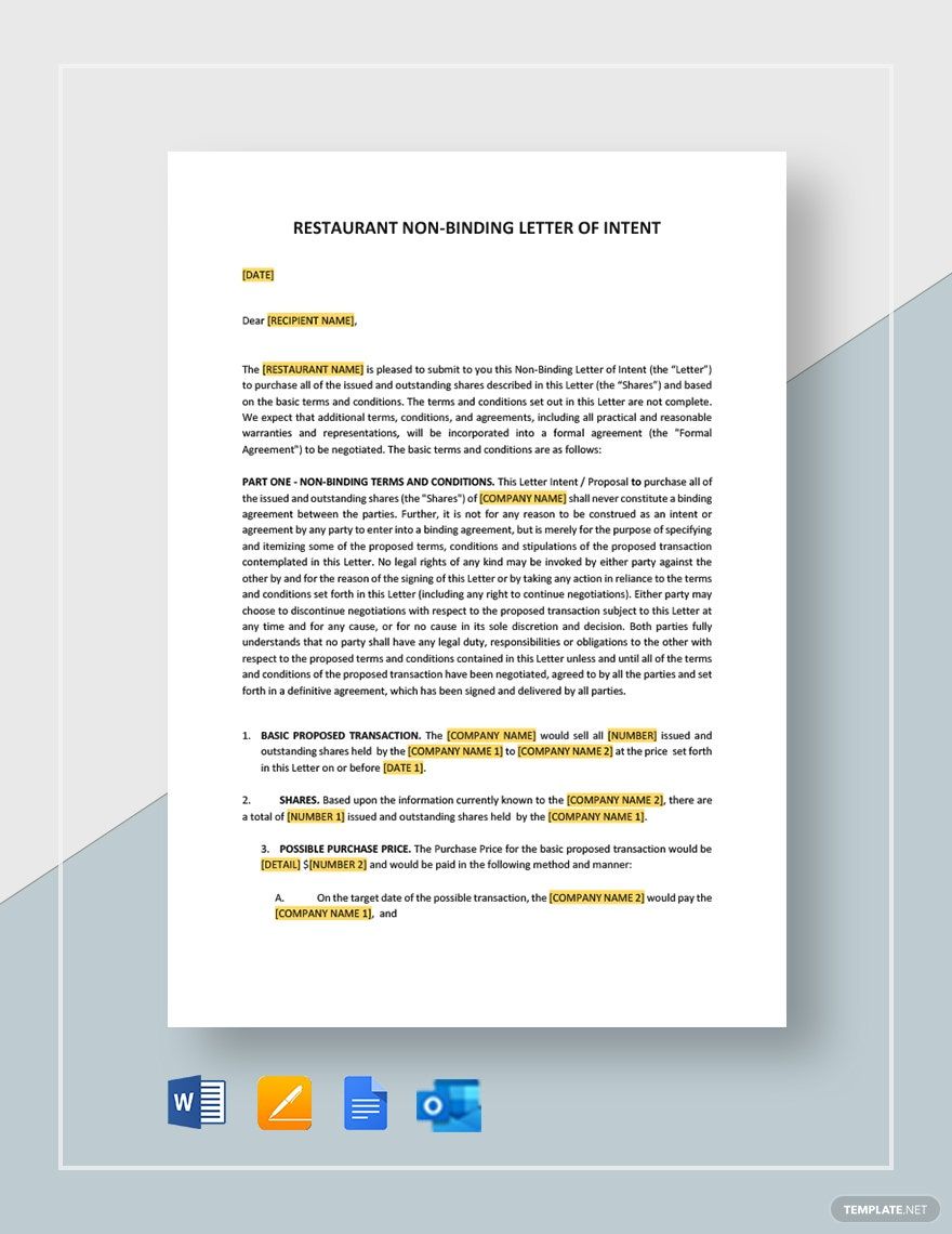 Restaurant Non Binding Letter Of Intent Template Google Docs Word Apple Pages Template