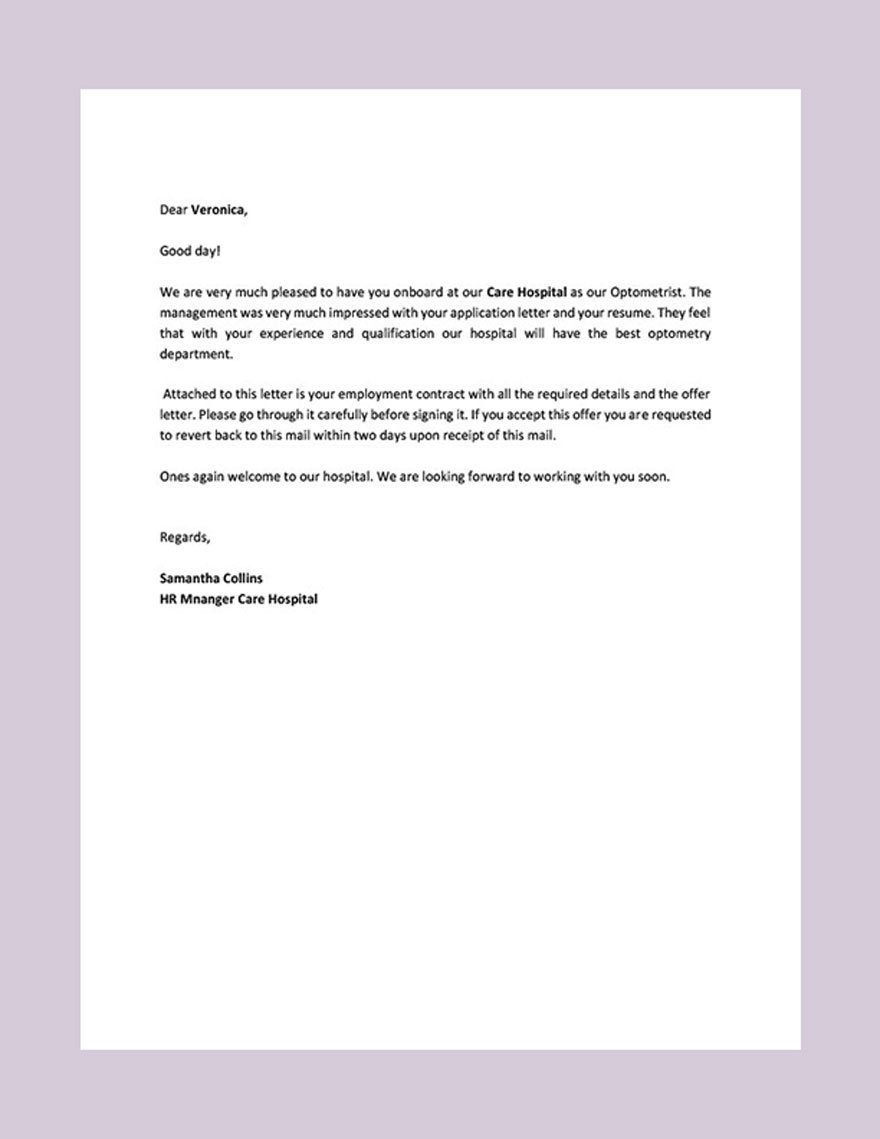 Free Offer Letter From Hospital for Optometrist Post Template