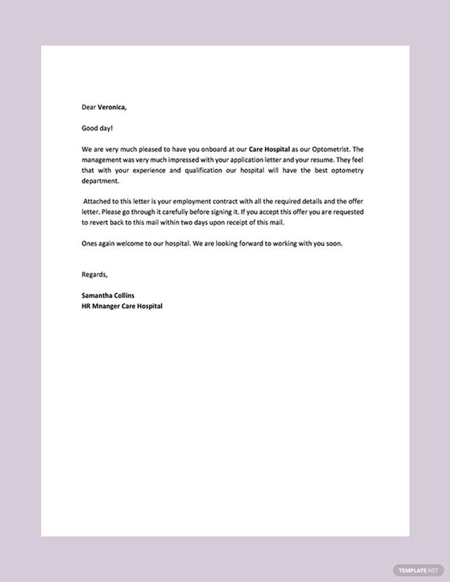 Offer Letter From Hospital for Optometrist Post Template