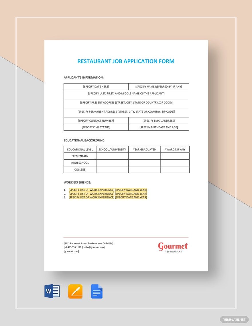 Restaurant Job Application Form