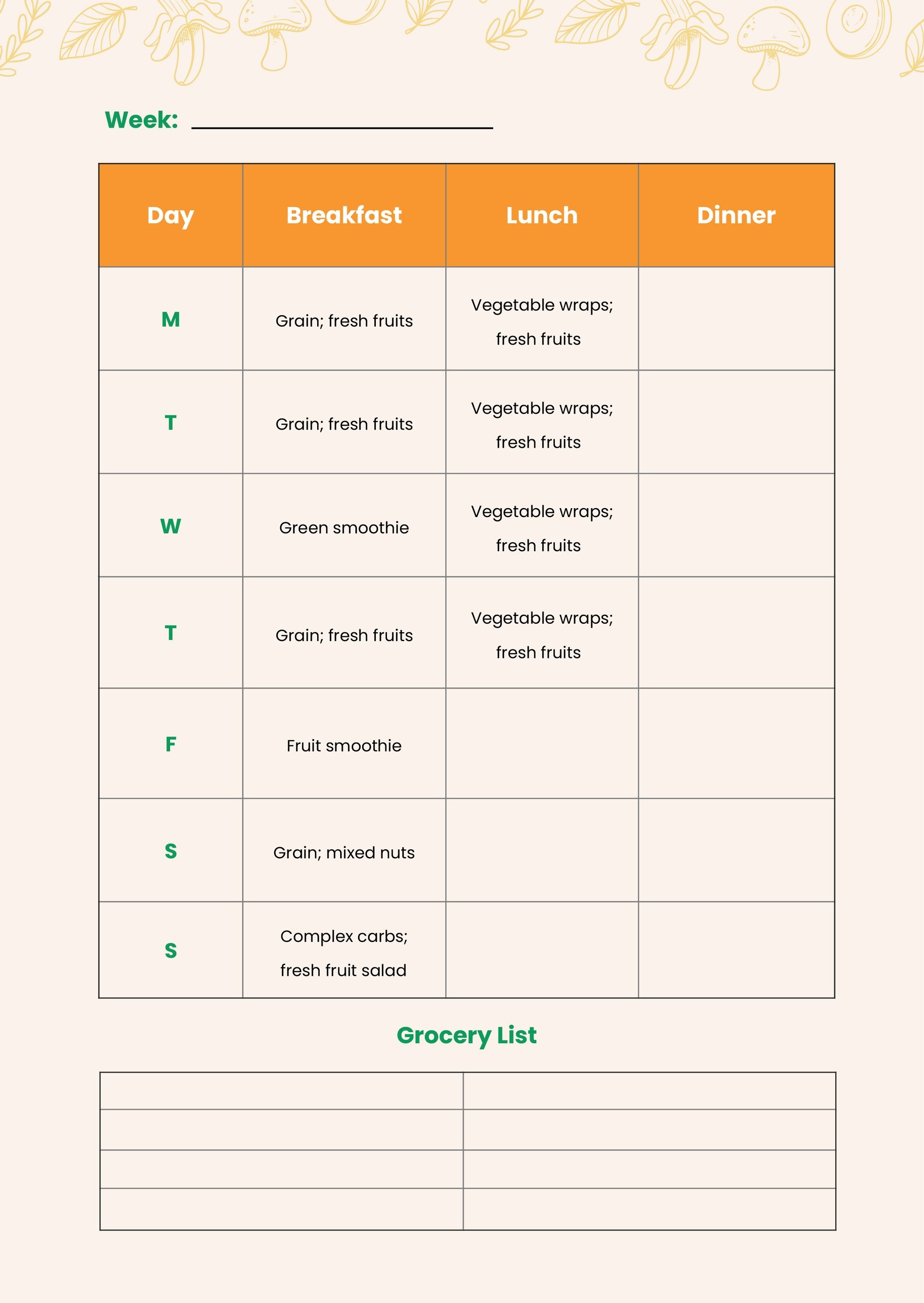 Weekly Diet Chart Template