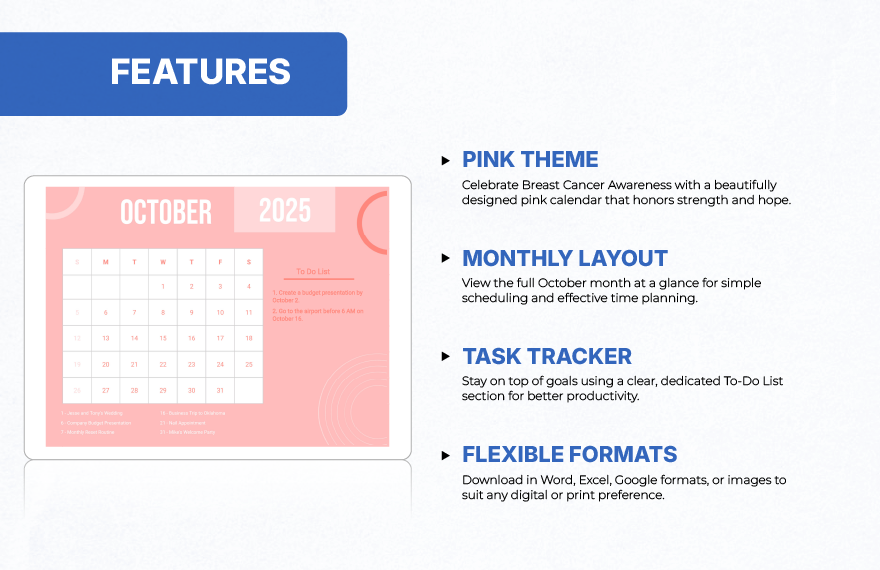 Pink October 2025 Calendar