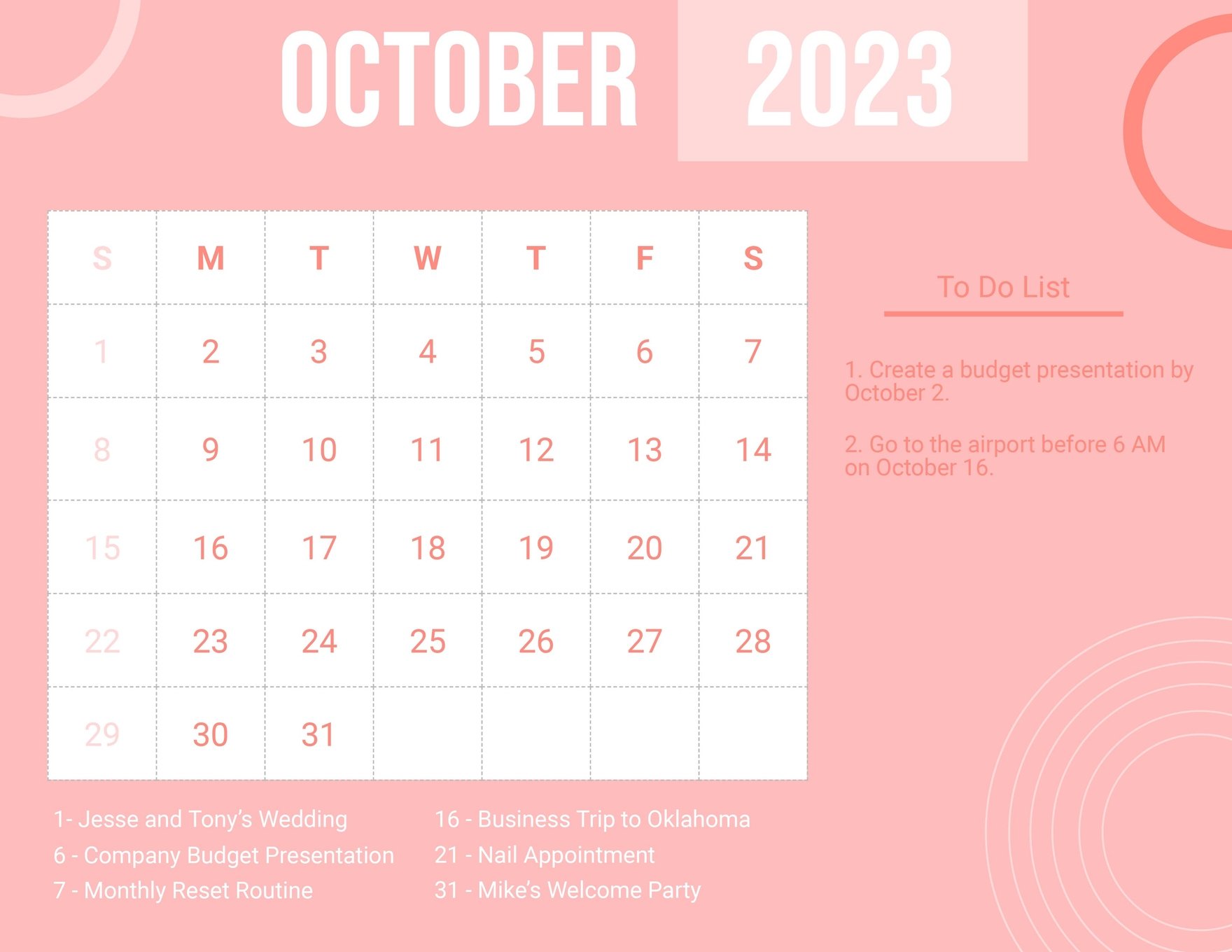 Pink October 2023 Calendar