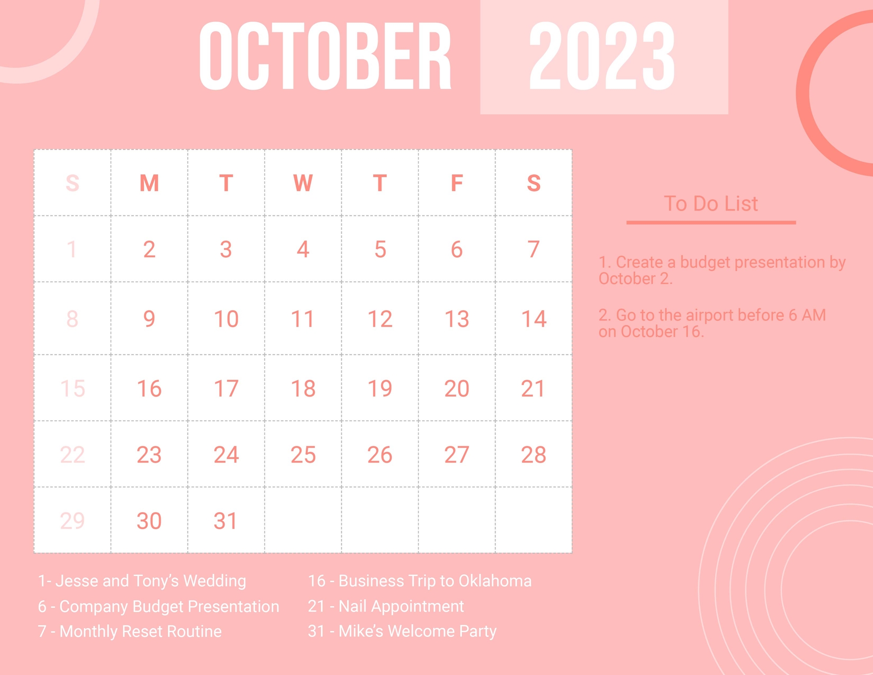 Pink October 2023 Calendar Download in Word, Google Docs, Excel