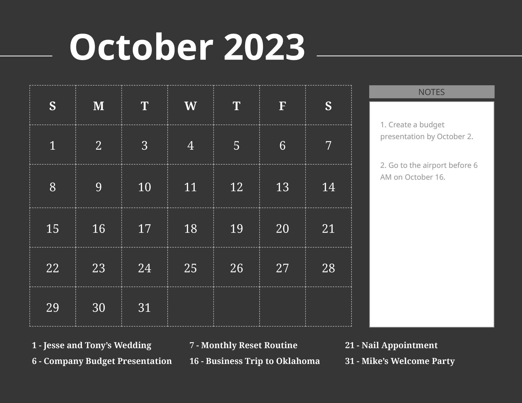 Simple October 2023 Calendar Template