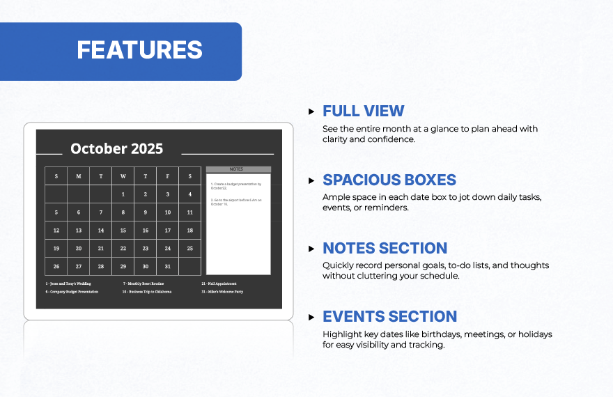 Simple October 2025 Calendar Template