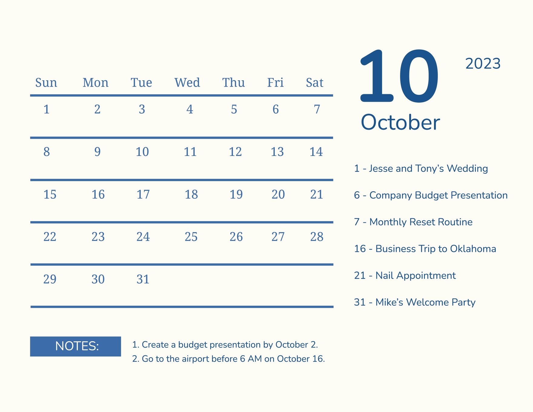 Printable October 2023 Monthly Calendar Template