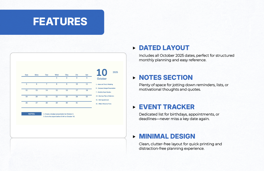 Printable October 2025 Monthly Calendar Template