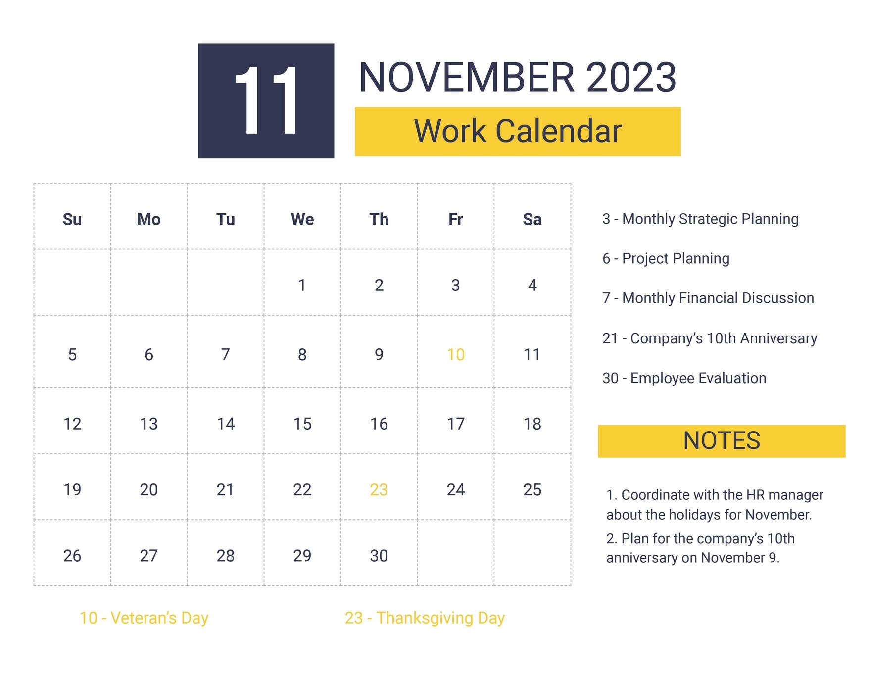 November 2023 Calendar Template With Holidays
