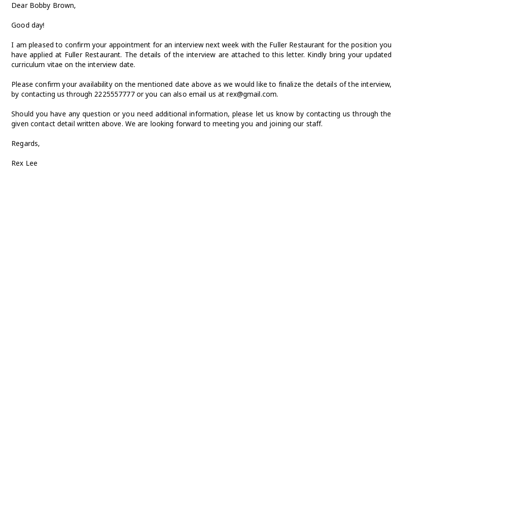 Restaurant Confirmation of Interview Appointment Letter Template.jpe