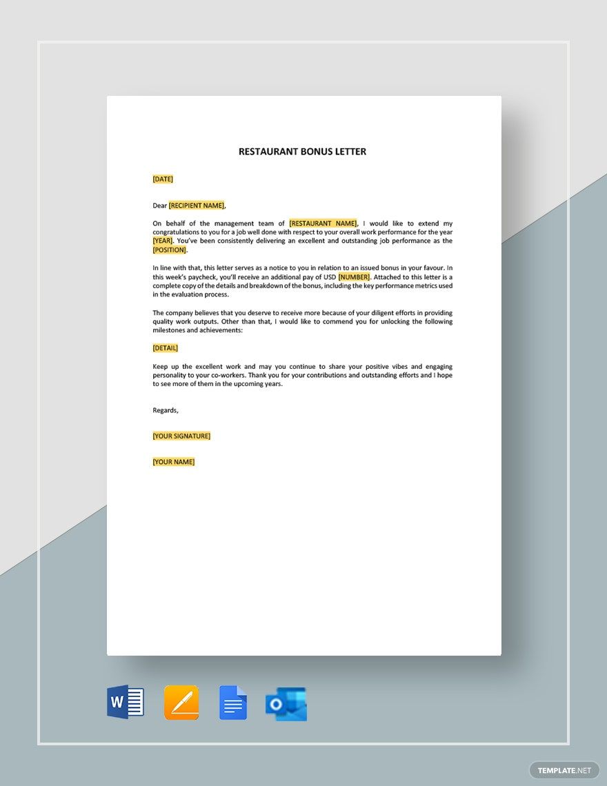 Restaurant Bonus Letter in Word, Google Docs, PDF, Apple Pages, Outlook