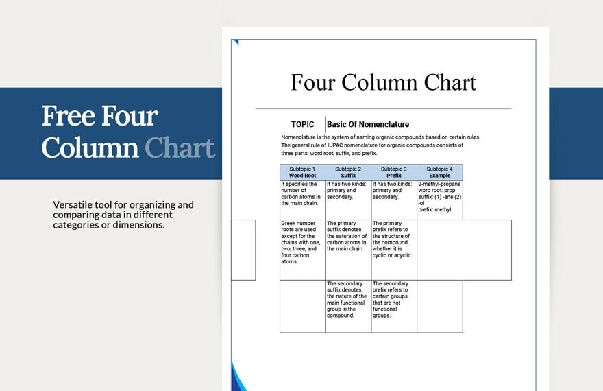 Free Four Column Chart Google Sheets Excel Template