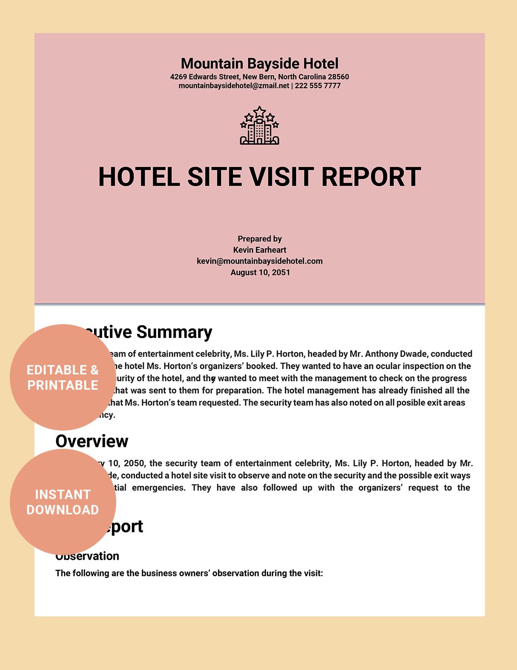 Hotel Site Visit Report Template
