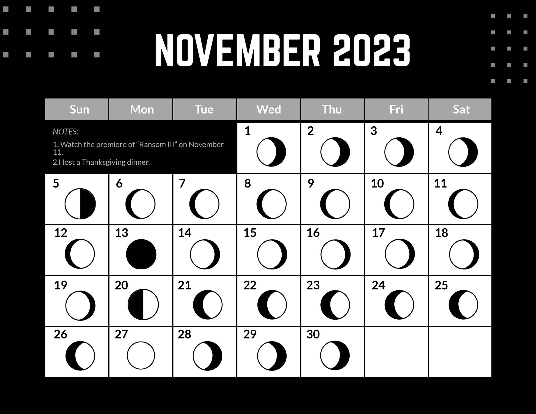 November 2023 Calendar Template With Moon Phases in Word, Google Docs, Excel, Google Sheets, Illustrator, EPS, SVG, JPG