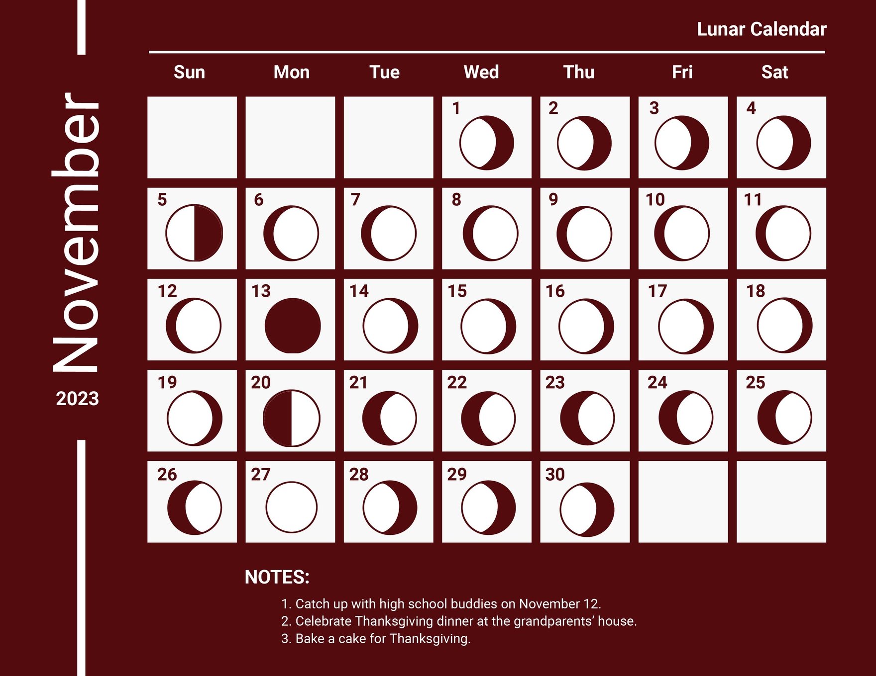 Lunar Calendar November 2023 in Word, Google Docs, Excel, Google Sheets, Illustrator, EPS, SVG, JPG