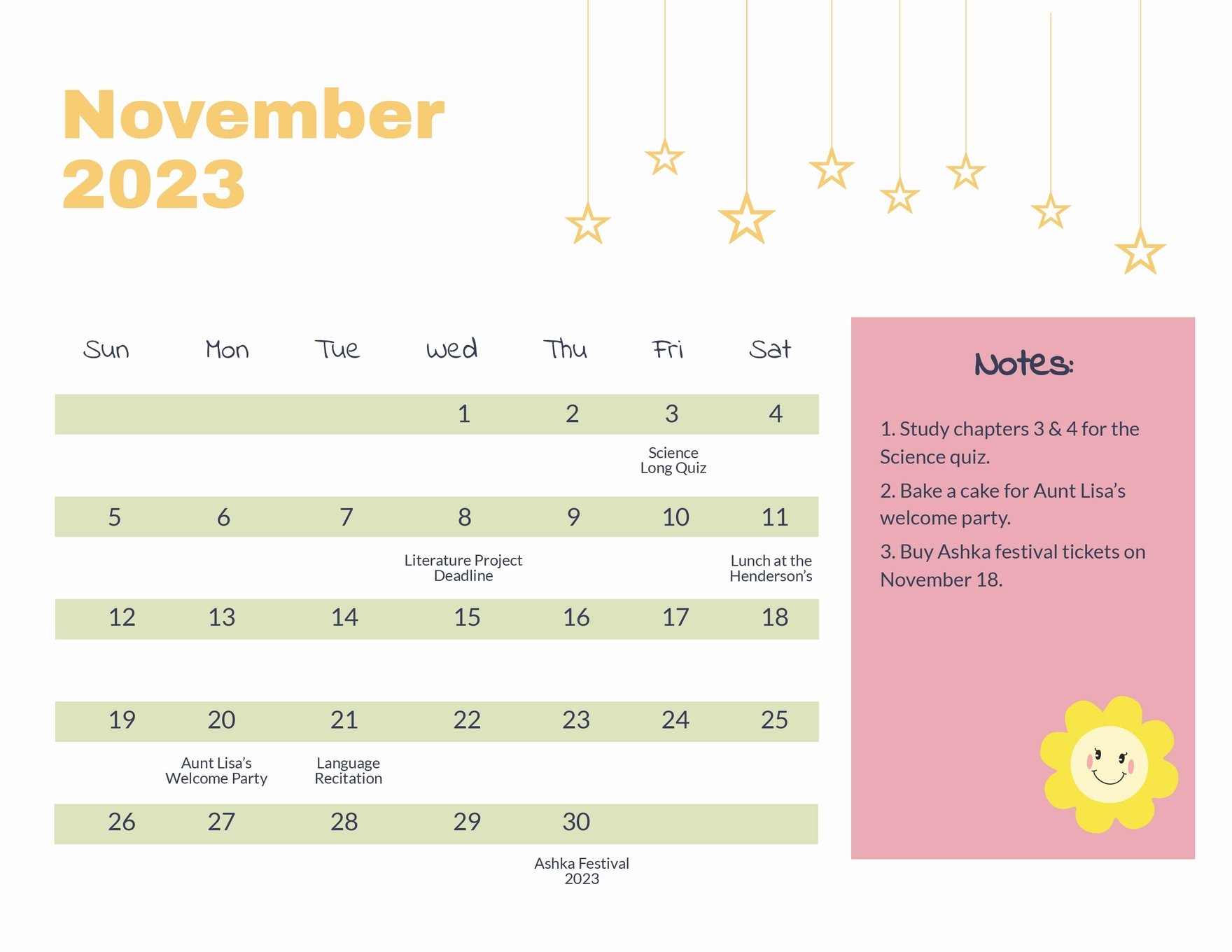 Cute November 2023 Calendar Template