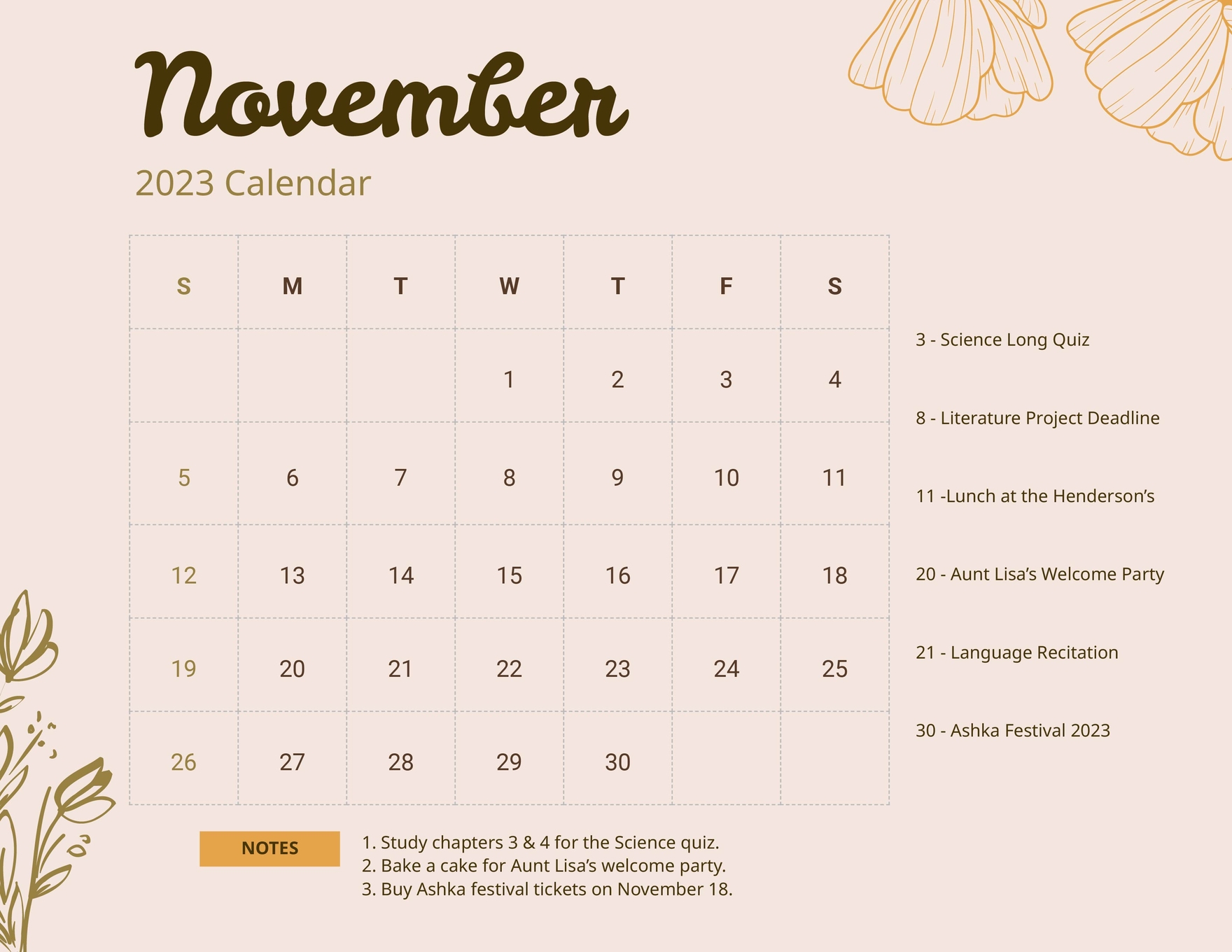 Floral November 2023 Calendar Template in Illustrator, EPS, JPG, Excel, Word, SVG, Google Docs, Google Sheets - Download | Template.net