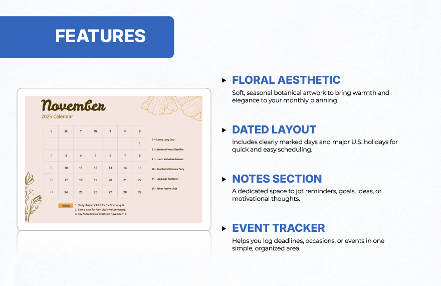Floral November 2025 Calendar Template