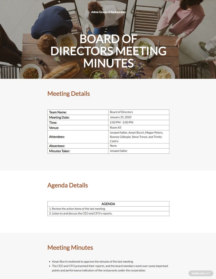 Restaurant Minutes of Meeting of Directors Template