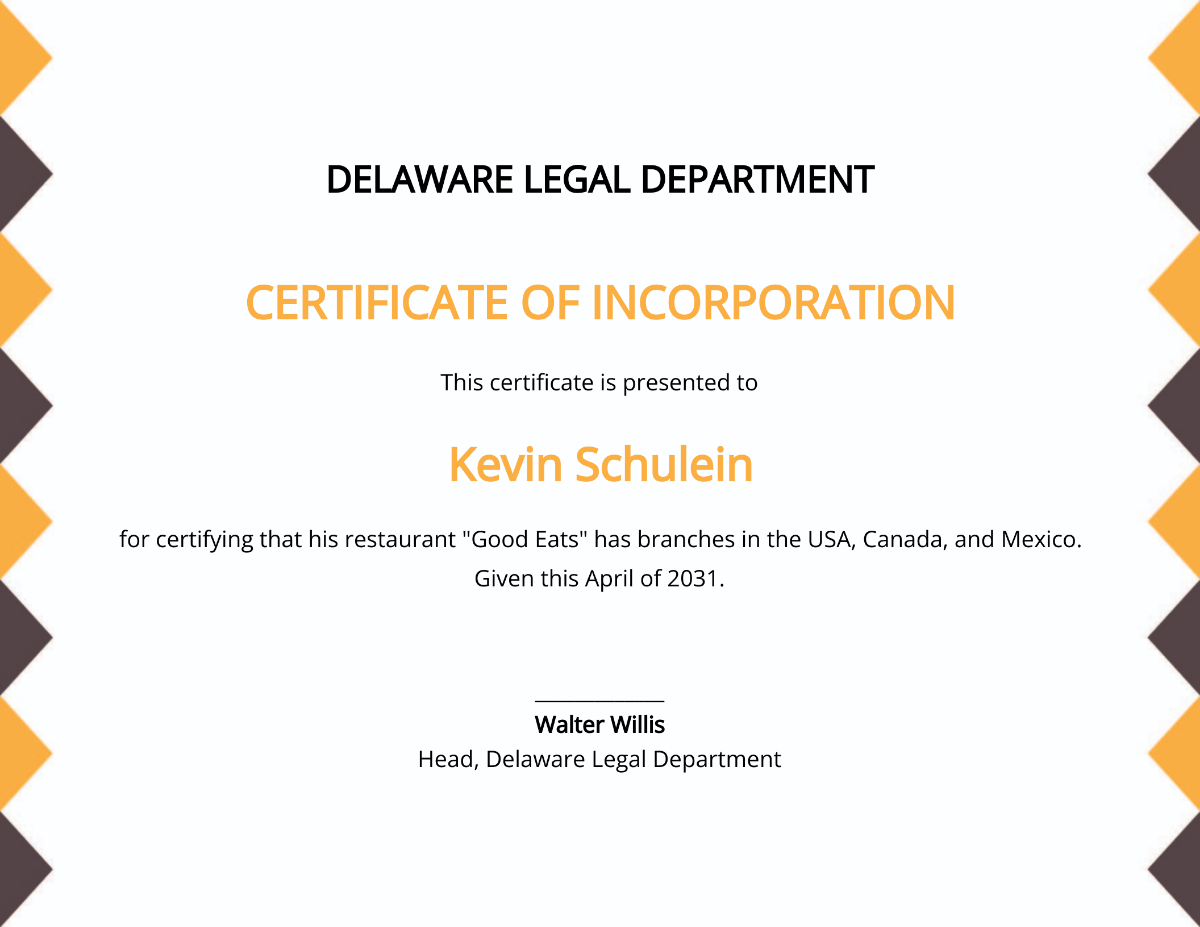 Restaurant Certificate of Incorporation Template