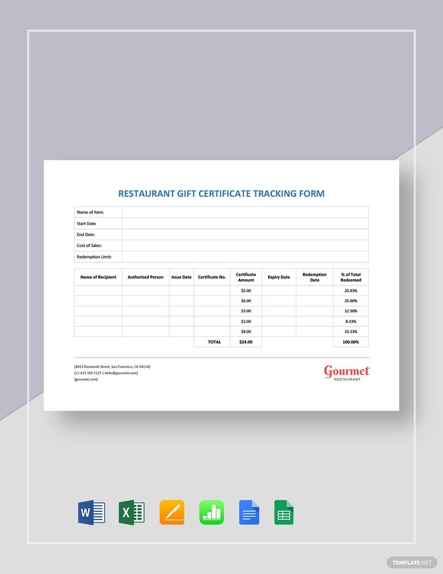 Restaurant Gift Certificate Tracking Form Template
