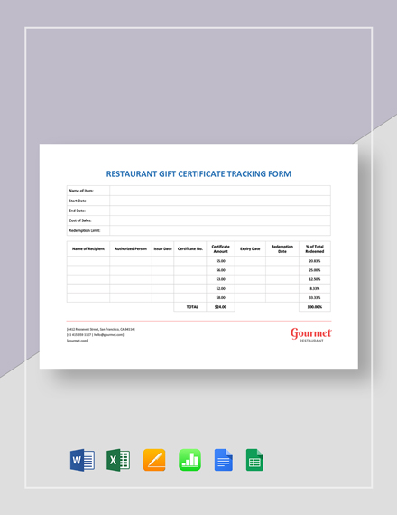 Restaurant Gift Certificate Tracking Form Template - Google Docs, Google Sheets, Excel, Word, Apple Numbers, Apple Pages