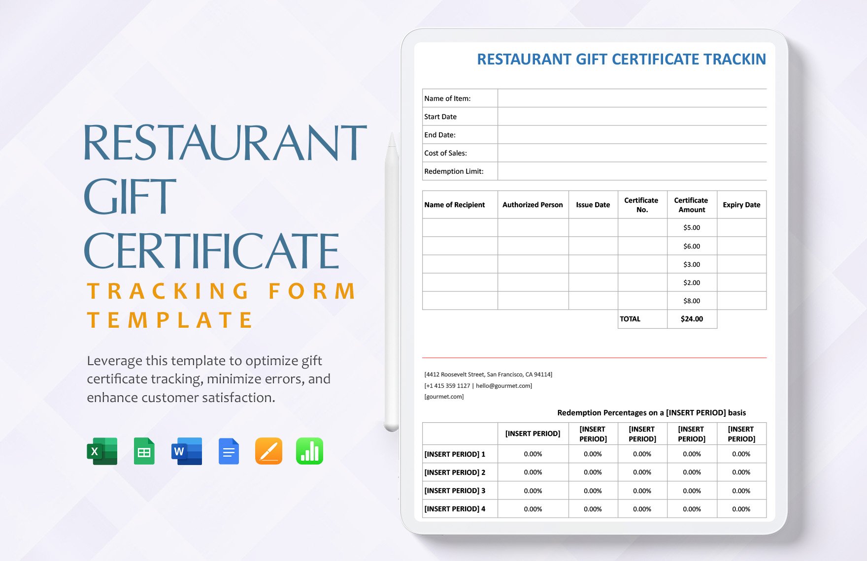 Restaurant Gift Certificate Tracking Form Template in Word, Google Docs, Excel, Google Sheets, Apple Pages, Apple Numbers