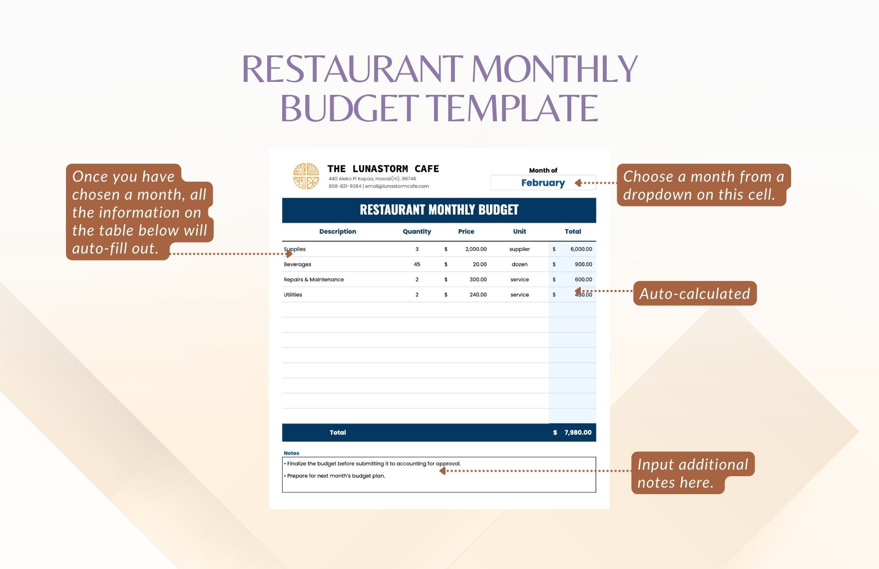 Restaurant Monthly Budget Template