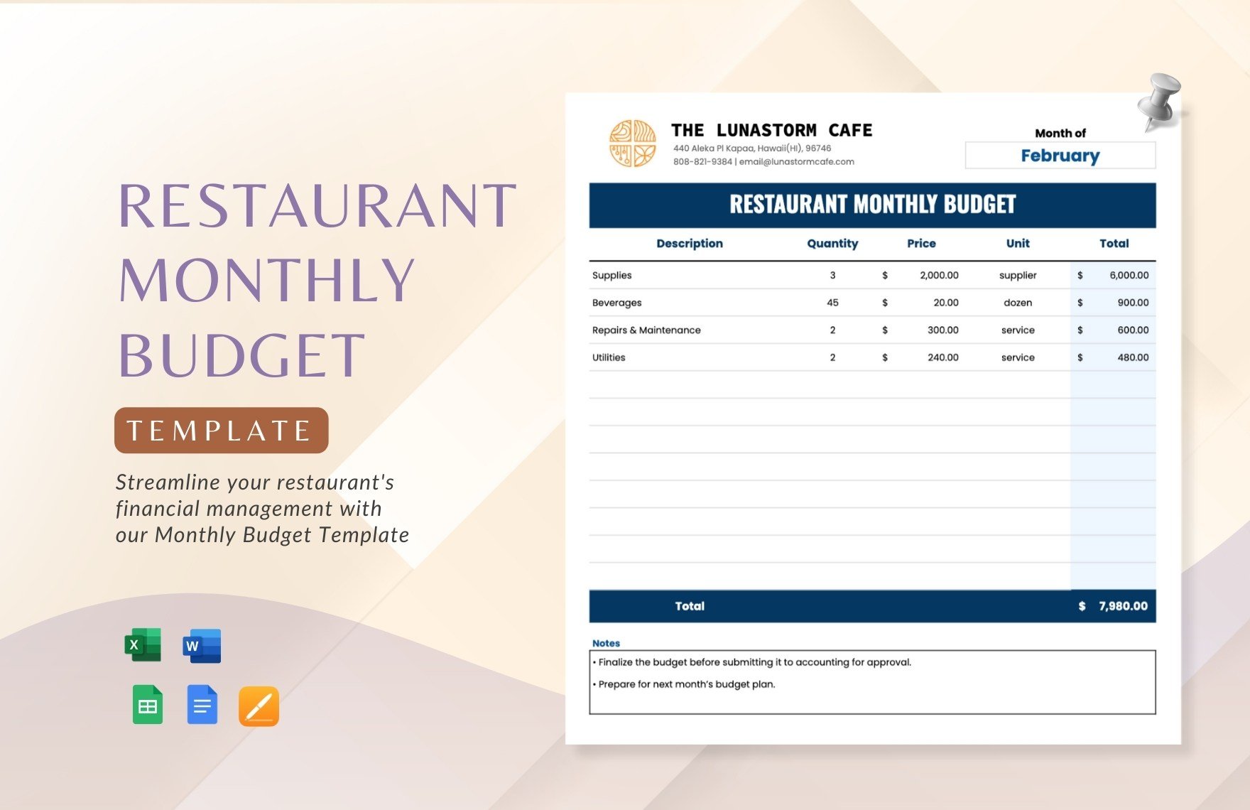 Restaurant Monthly Budget Template in Word, Google Docs, Excel, Google Sheets, Apple Pages