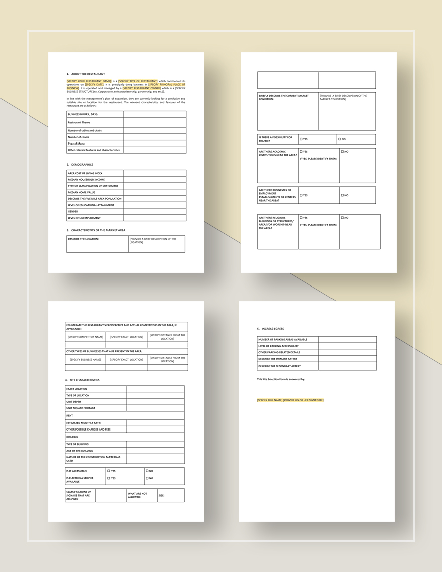 Restaurant Site Selection Analysis Form Template