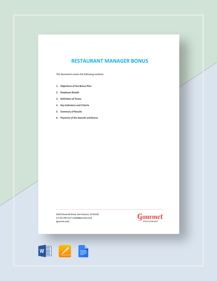 Restaurant Manager Bonus Template in Word Pages Google Docs