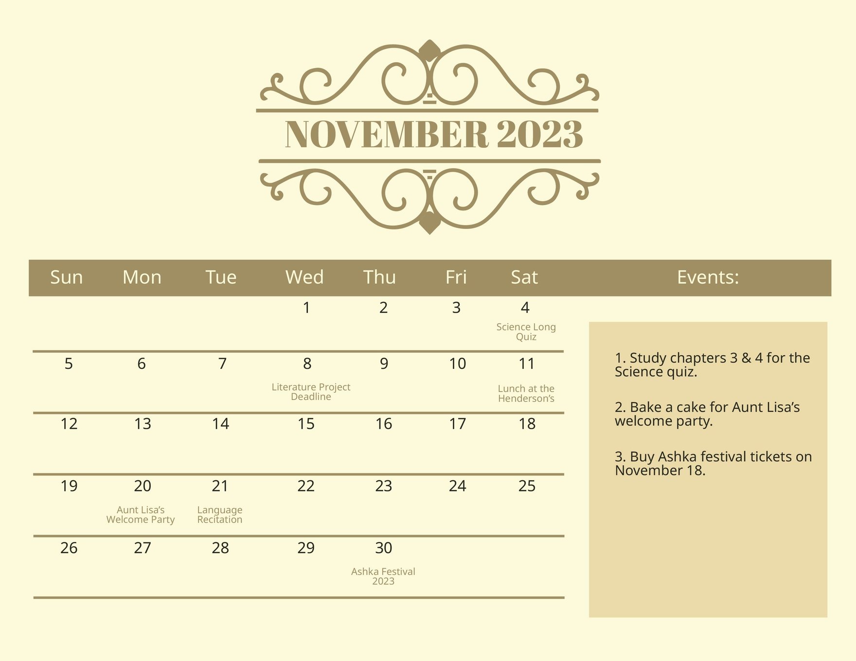 Free Fancy November 2023 Calendar in Word, Google Docs, Excel, Google Sheets, Illustrator, EPS, SVG, JPG
