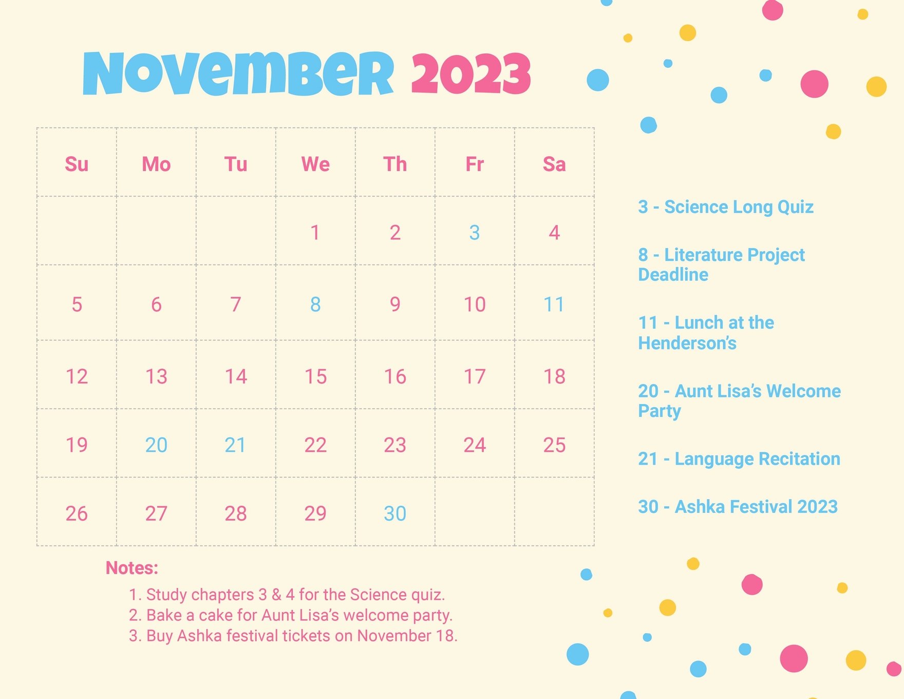 Colorful November 2023 Calendar