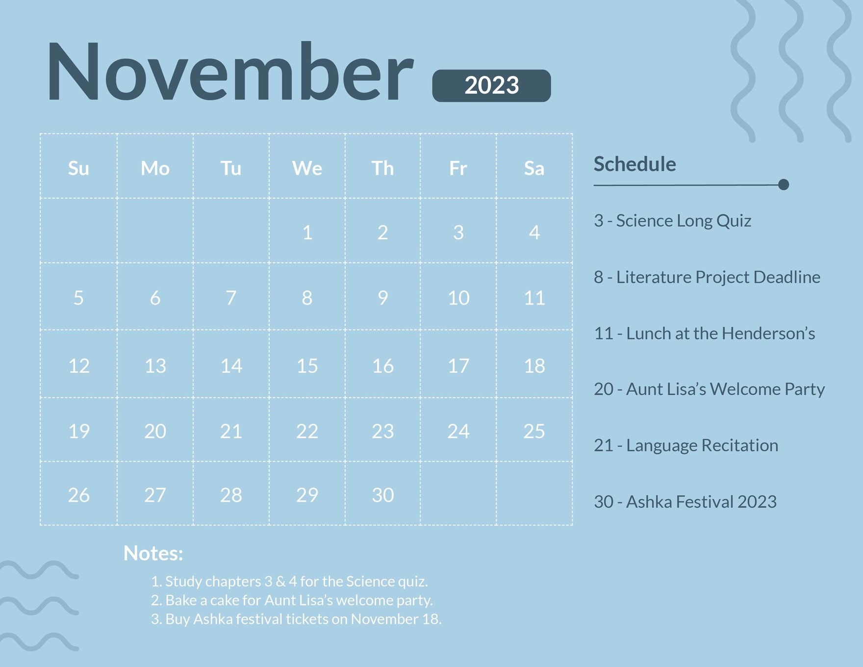 Blue November 2023 Calendar Template