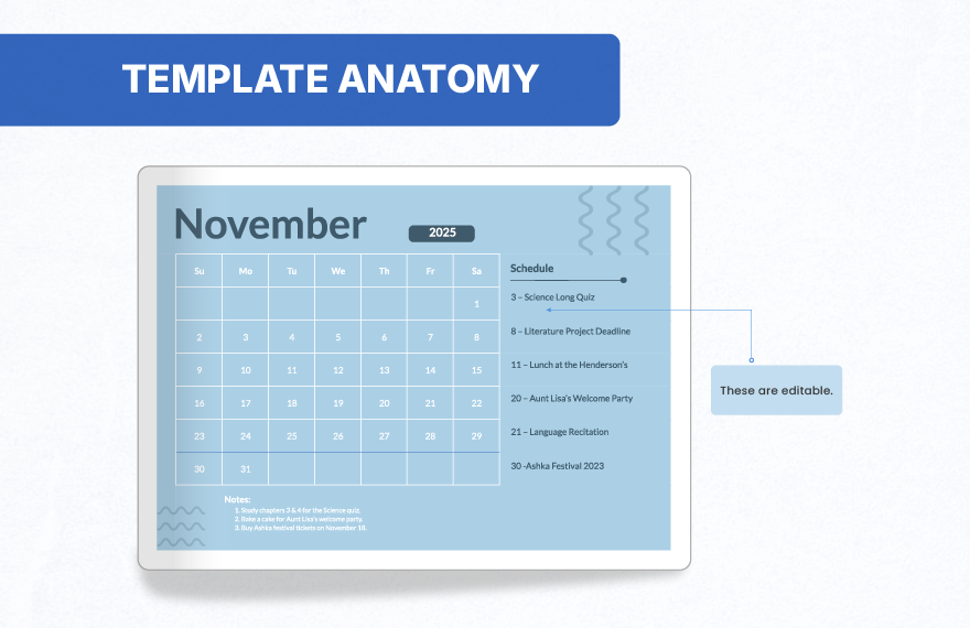 Blue November 2025 Calendar Template